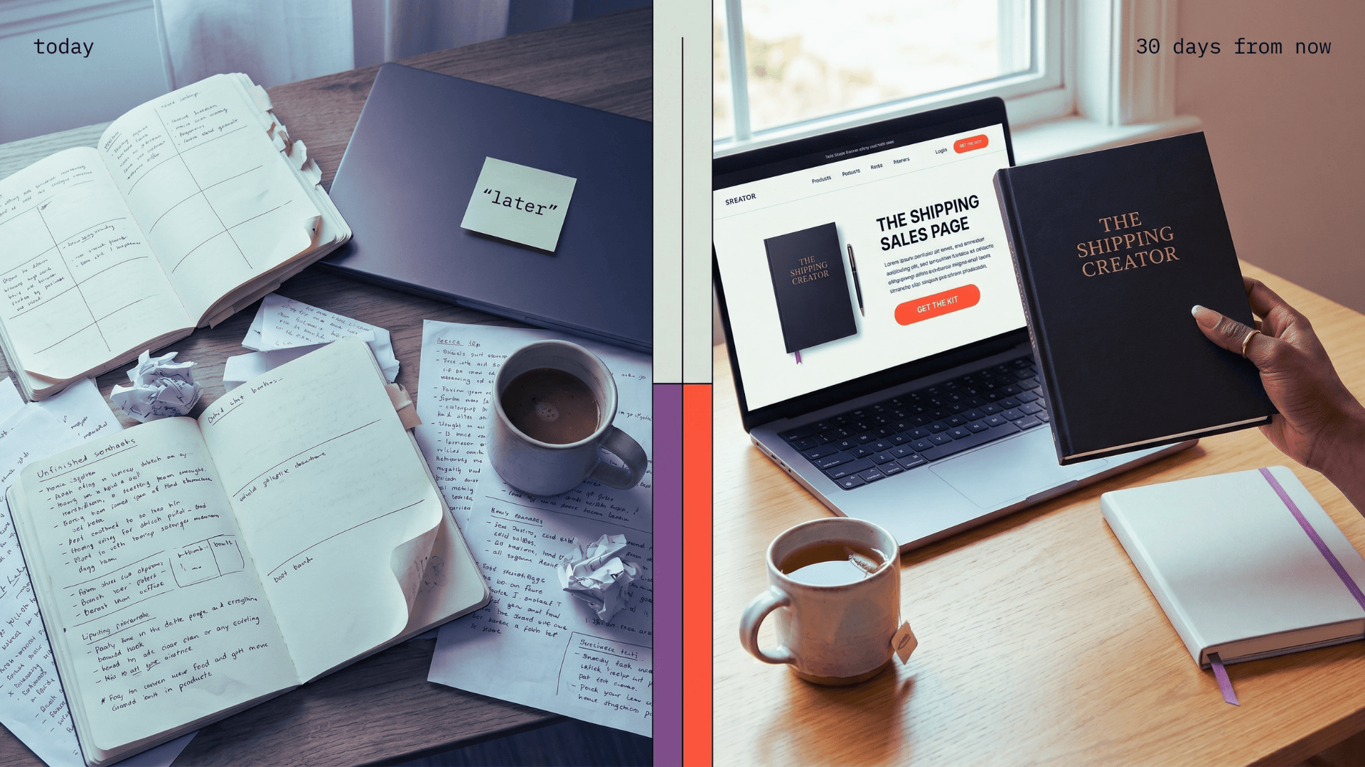 Before and after: a cluttered desk with unfinished notebooks labeled today, and a clean desk with a finished book and live sales page labeled 30 days from now