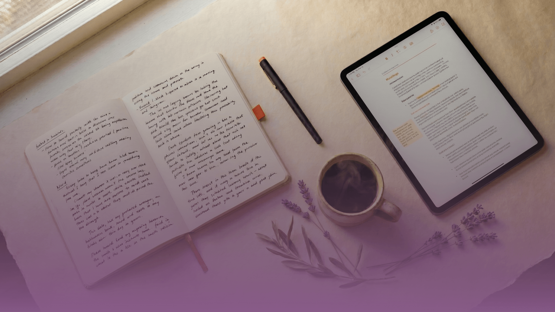 Creator at work: notebook, pen, and tablet showing a document being edited